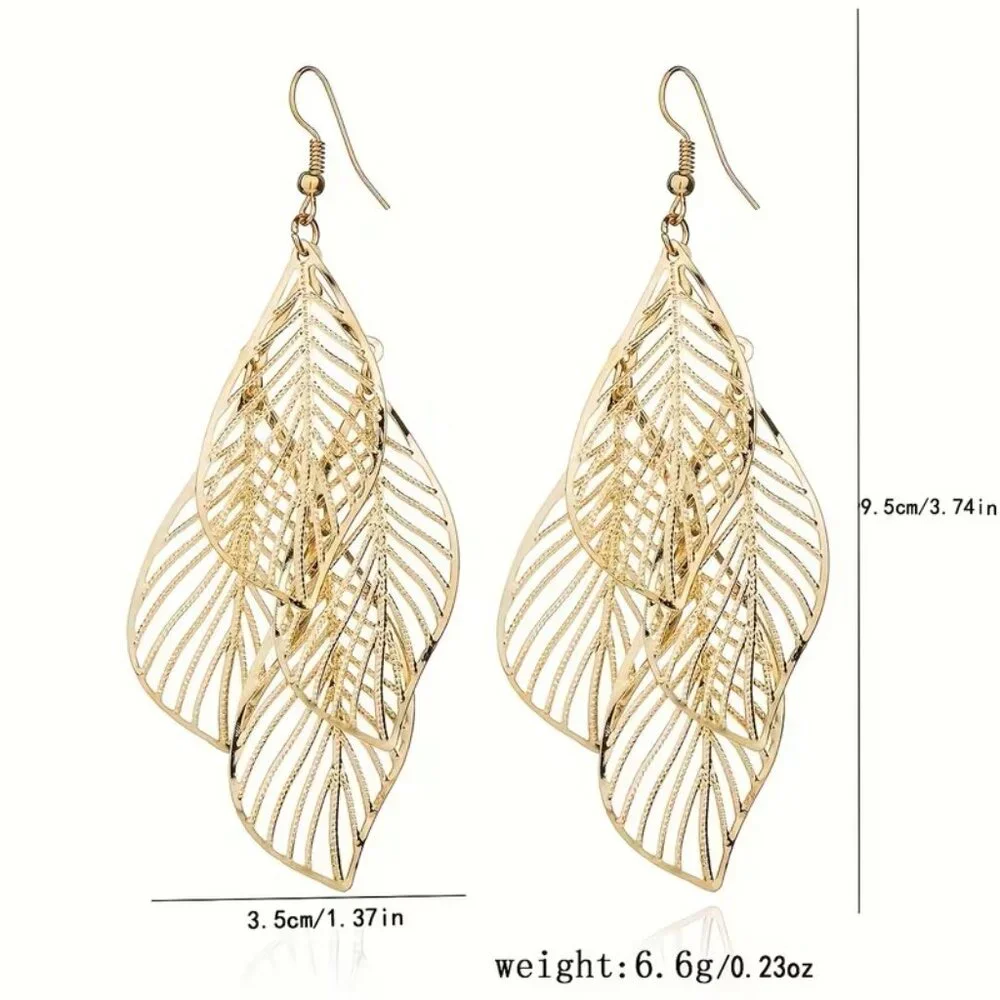 Multi-layer Hollow Leaf Pendant Golden Dangle Earrings Retro Boho Style Z138 - Picture 2 of 2